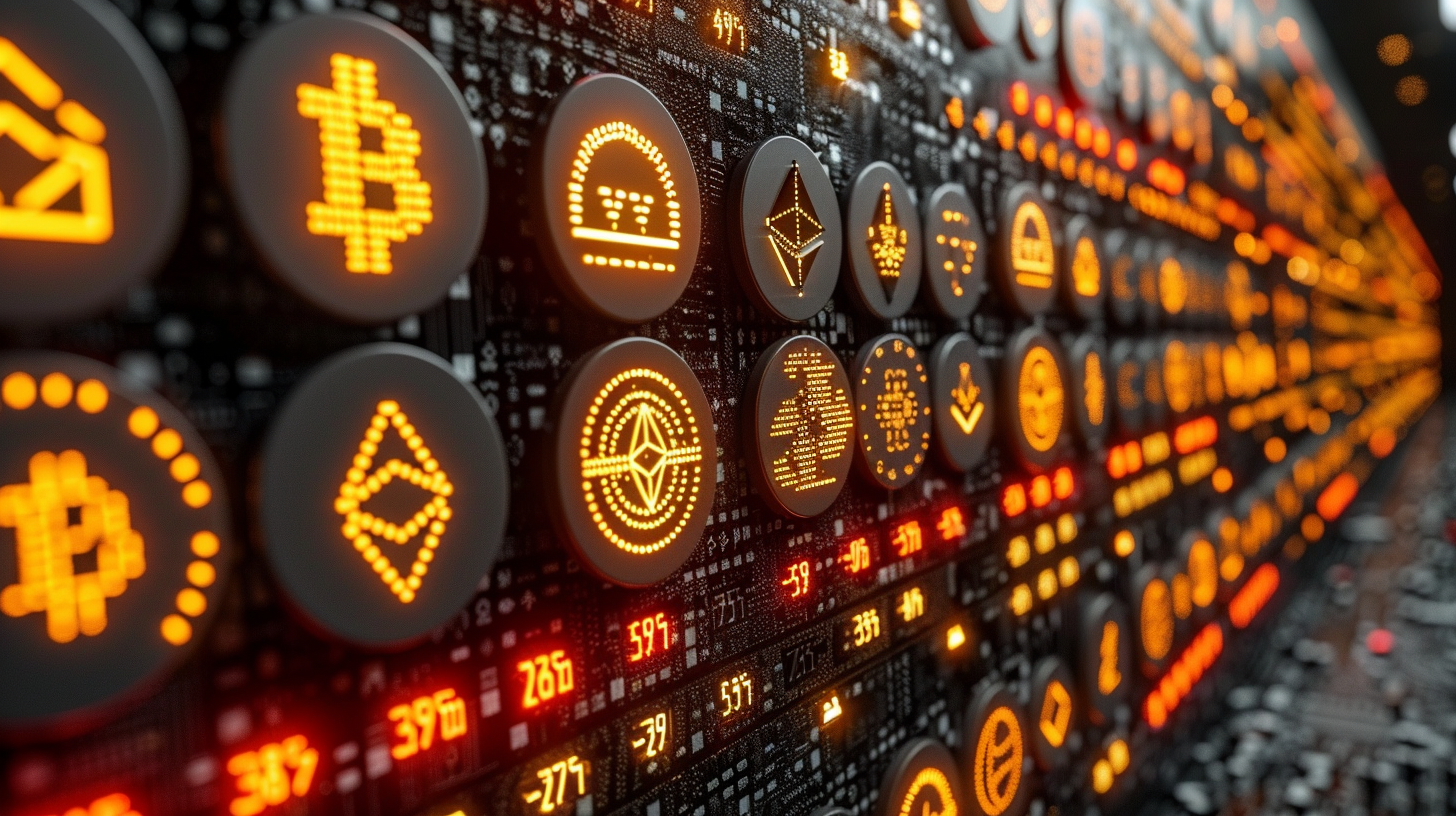 Panel with different cryptocurrencies. Source: Midjourney 