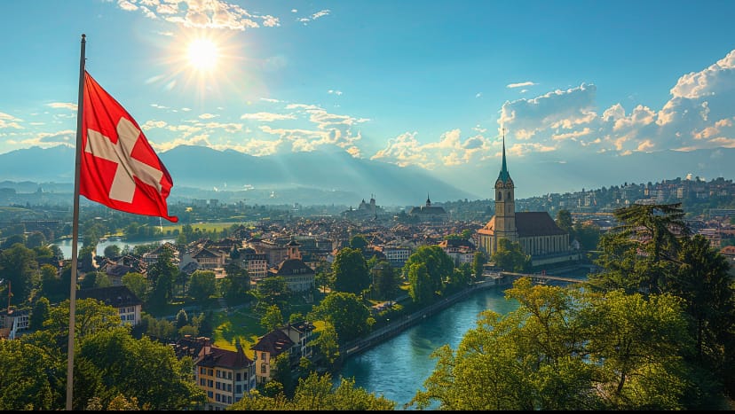 Swiss flag against the backdrop of a sunny city. Source: Midjourney