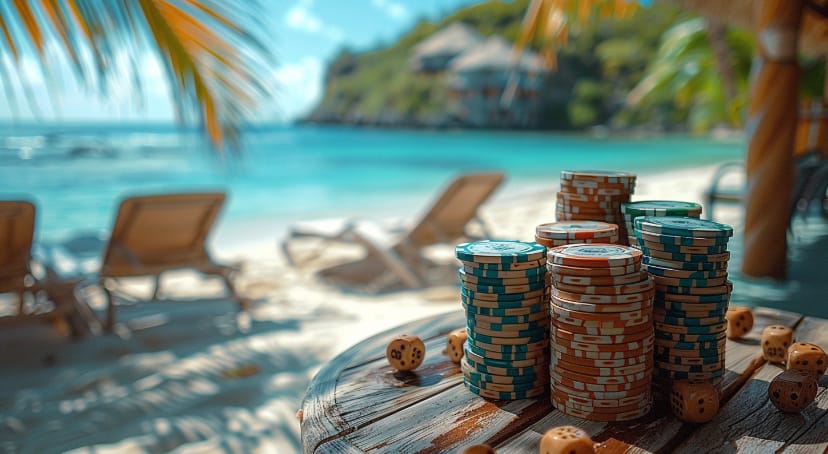 Dice and chips against the backdrop of a Caribbean beach. Source: Midjourney